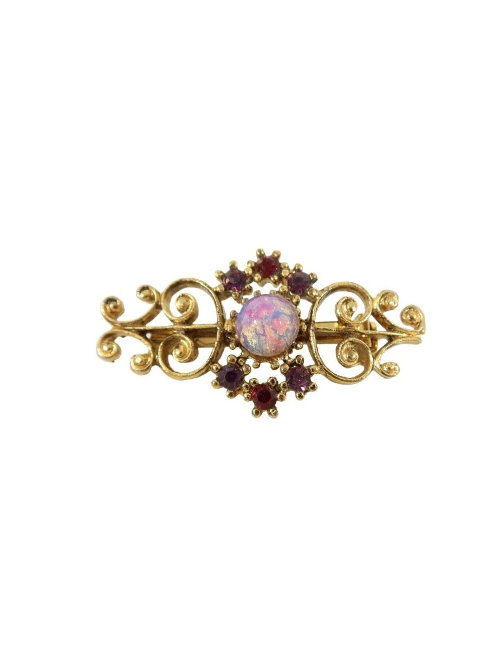 Petite Gold Tone Faux Opal & Red Pink Rhinestone Filigree Brooch Pin Unsigned